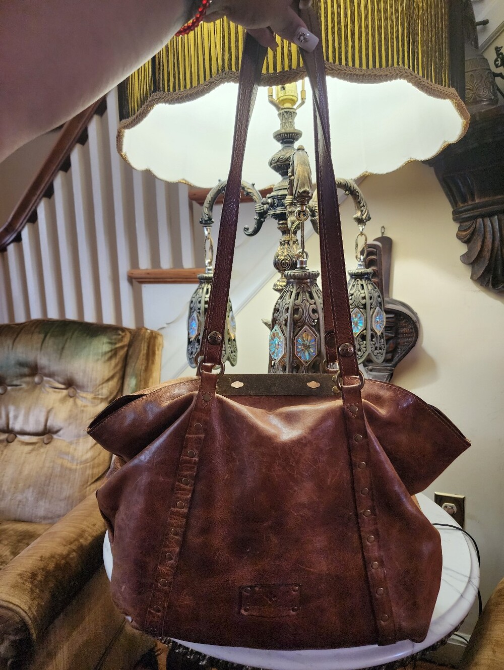 Patricia Nash Genuine Leather Brown Tote Handbag & Matching Wristlet Clutch Set - Picture 2 of 16